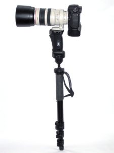 A DSLR Camera with a long lens mounted on a mono-pod